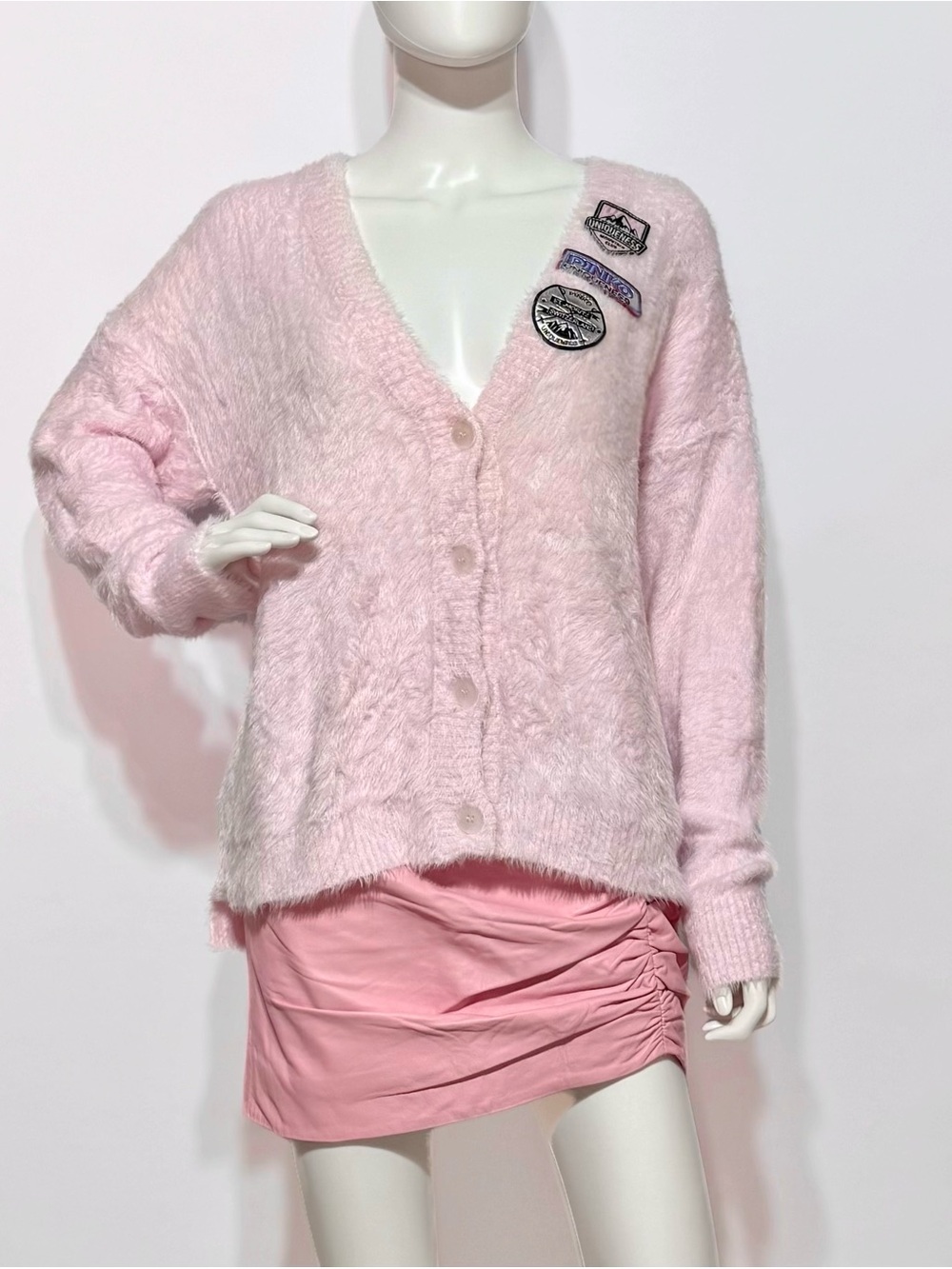 NWOT Pinko Light Pink Fuzzy V‑Neck Button Cardigan with Patch Details | L